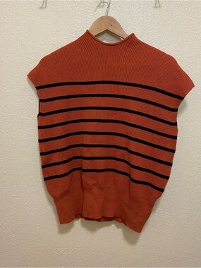 Rust Orange Striped Knit Mock Neck Sleeveless Sweater